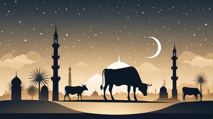 Silhouetted cows graze against a serene twilight sky with minarets and a crescent moon, evoking peace and tradition.