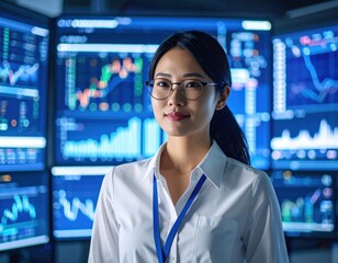 Confident in Analysis: A poised professional stands before a display of intricate charts and data, exuding an air of knowledge and confidence.
