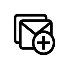 Icon depicting multiple mail envelopes with a plus sign indicating addition or new message totaling 100 chars