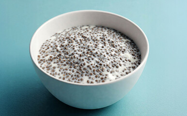 chia pudding bowl over bright simple blue background with empty copy space, vegan and superfood