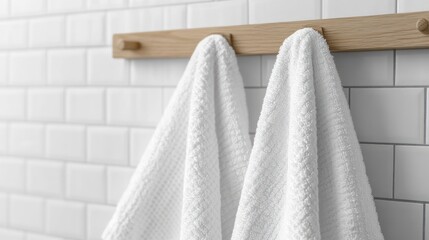 Two white towels hanging on wooden rack against white tile wall