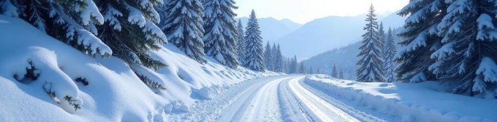 Obraz premium Serene snow-covered mountain road winding through frosted pines , peak, peaceful