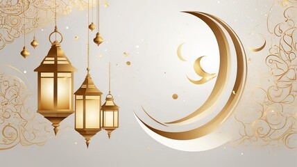 Elegant gold lanterns and crescent moon design, symbolizing celebration and spirituality.