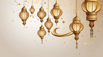 Elegant golden lanterns suspended on a shimmering background, symbolizing celebration and warmth.