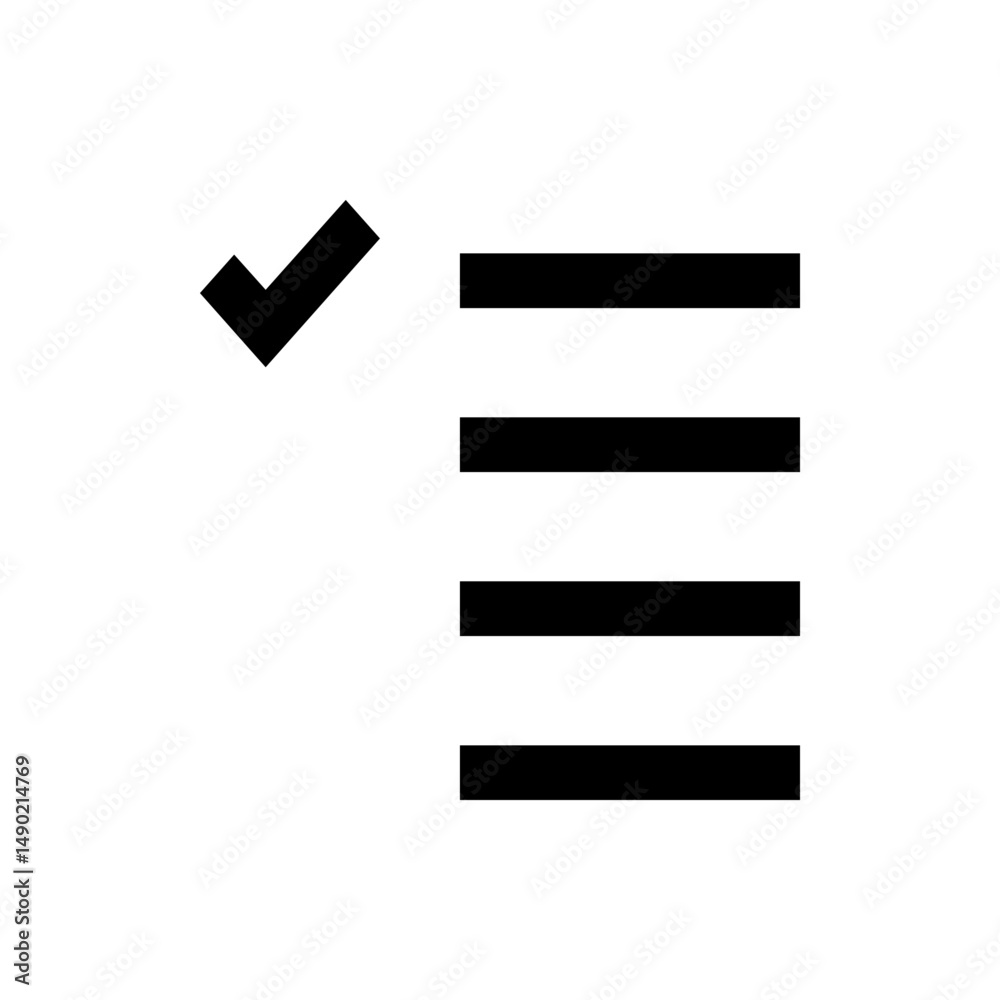 Poster black check mark icon next to a list of four horizontal lines on a white background in a simple styl