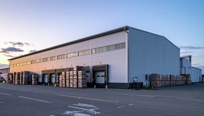 Naklejka premium Dusk View of Warehouse with Stacked Pallets for Bulk Storage Needs