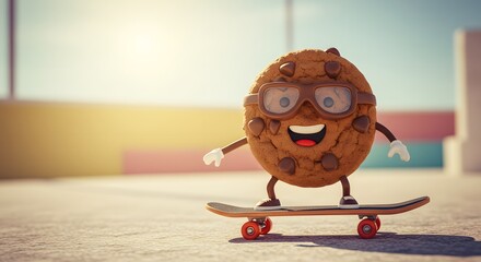 A cartoon chocolate chip cookie character skateboarding with goggles and a big smile