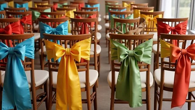 Colorful Satin Bows Adorn Wooden Chairs Festive Wedding Ceremony Decor Elegant Event Setup