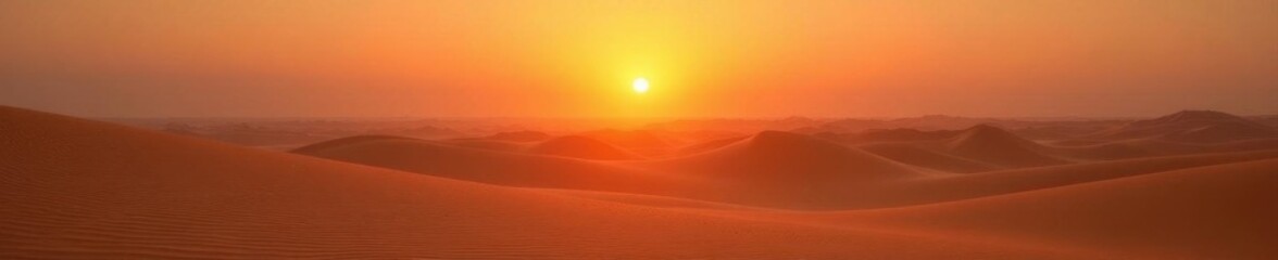 Fototapeta premium Sunrise over endless Egyptian sand sea, wind sculpted ripples, wide, landscape
