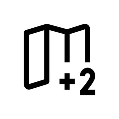 Illustration of a folded map icon with a plus sign and the number two next to it in black outline