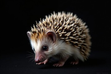 Fototapeta premium Tiny hedgehog, curled slightly, black background, wildlife photography, nature, spines