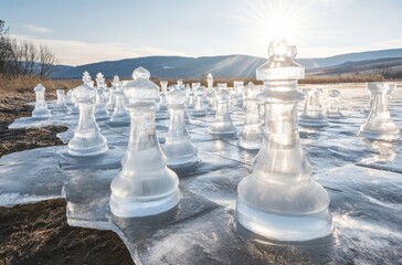 Icy battlefield of kings and pawns under colorful winter sunset sky