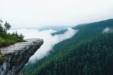Cliffside view of misty mountain range forest landscape scenery