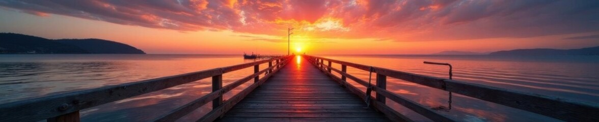 Obraz premium Warm sunrise hues bathe the rustic fishing pier, stillness hangs in the air , colors, atmosphere, glow