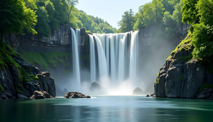 Naklejka premium Waterfall Cascading Over Rock Face Into Calm Water