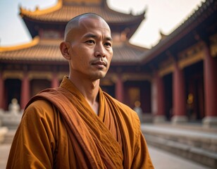 A Monk's Meditative Gaze: A serene Buddhist monk, robed in traditional attire, gazes thoughtfully as he stands before an ancient temple, embodying tranquility and spiritual depth.
