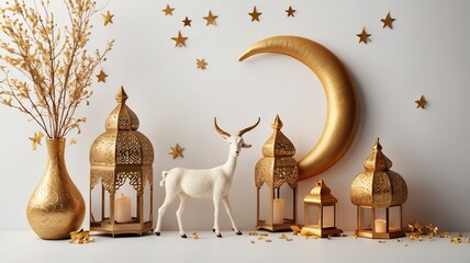 A serene golden-themed arrangement featuring decorative lanterns and a white deer with a crescent moon backdrop.