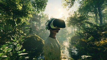 Immersive virtual reality experience in a lush, tropical forest.