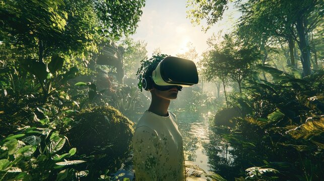 Immersive virtual reality experience in a lush, tropical forest.