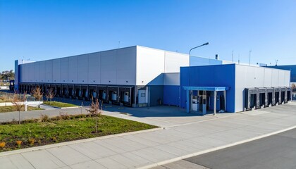 Fototapeta premium Compact Cross Dock Facility Surrounded by Green Space in Midday Sun