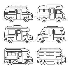 Camper Van Icons Collection - Line Art Illustrations of Recreational Vehicles for Camping and Travel Use