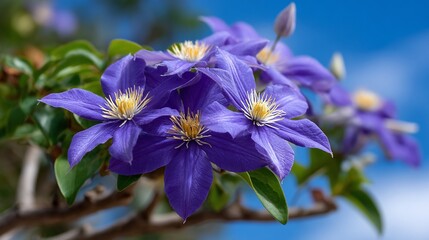 Vibrant purple clematis blossoms reach for the blue sky
