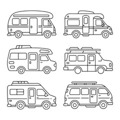 Camper Van Icons Collection - Line Art Illustrations of Recreational Vehicles for Camping and Travel Use