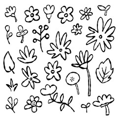 Flower Leafs Cute Kid style hand drawn Black ink color Bundle set