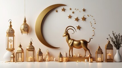 An elegant golden goat statue amidst decorative lanterns and a crescent moon, creating a serene and festive atmosphere.