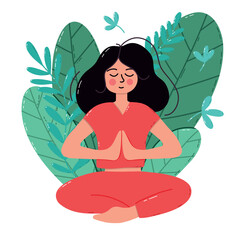 Woman Practicing Meditation Outdoors Sitting Peacefully Among Green Leaves. Illustration of a woman in red practicing meditation with hands in a prayer pose amidst green foliage, bringing feelings 