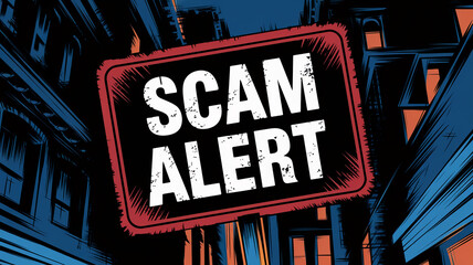Stylized illustration of a "Scam Alert" sign amidst dark city buildings, conveying urgency and warning against fraudulent activities