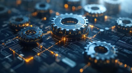 Fototapeta premium Futuristic Technology: Interconnected Gears on a Circuit Board