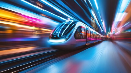 Fototapeta premium Sleek monorail glides through a futuristic cityscape, embodying advanced urban mobility and innovation. 