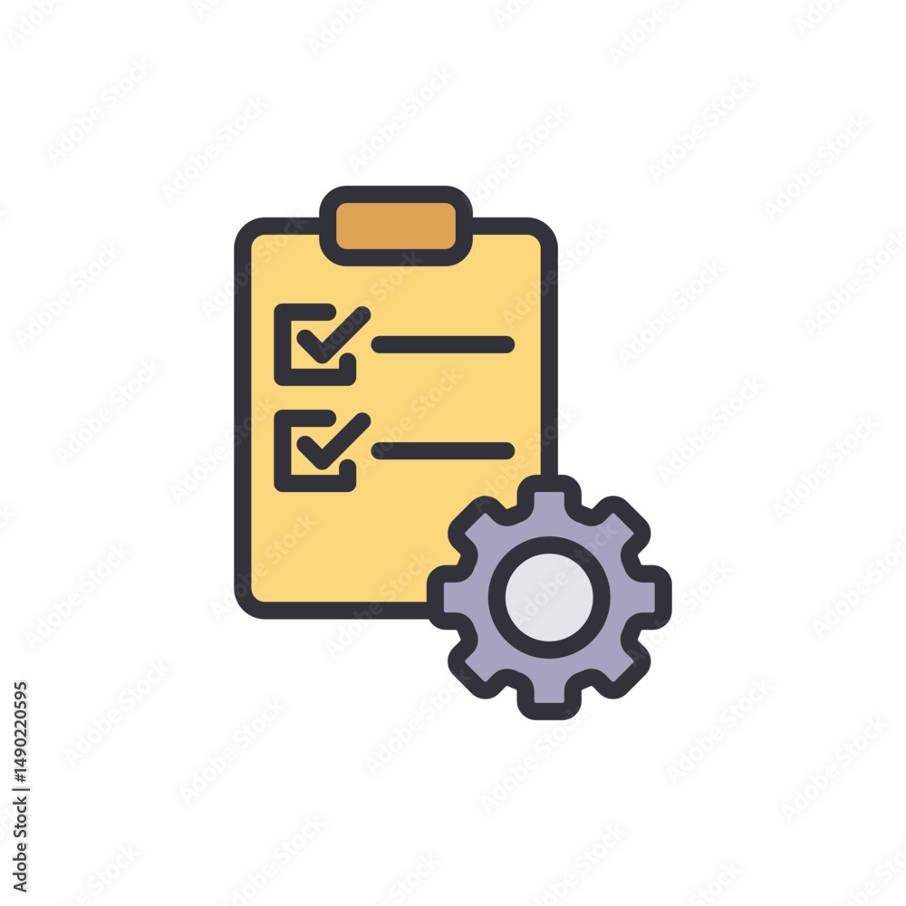 Poster workflow optimization with checklist and cogwheel on transparent background