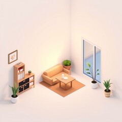 Minimalist cozy living room interior with plants and wooden furniture natural