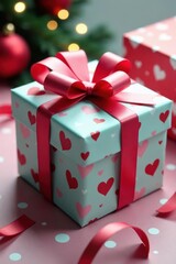 Obraz premium Decorated birthday gift, ribbons, bows, wrapping paper , decoration, party, joy