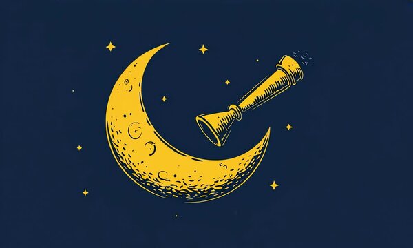 Crescent moon and telescope in starry night