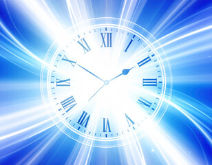 Clock face with Roman numerals surrounded by vibrant blue light, creating dynamic sense of time and motion