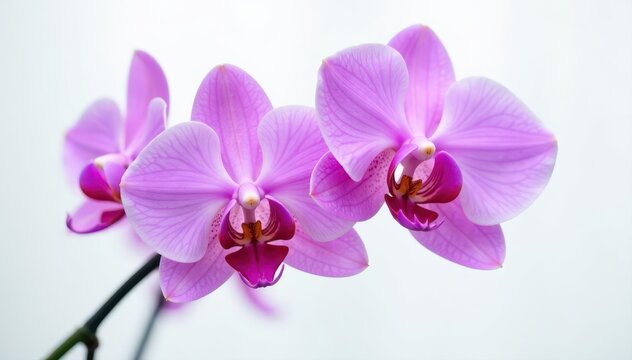 Elegant purple orchids bloom against a pure white backdrop , card, tropical flower