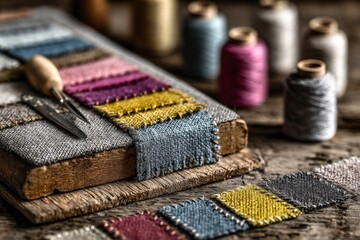 Handmade pattern design in progress with thread samples and fabric swatches.