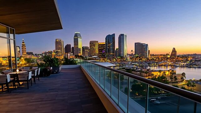 San Diego Skyline at Dusk from a Luxury Rooftop Terrace