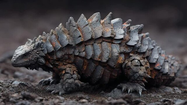 Dark gray and orange lizard with textured scales moves across dark volcanic rock. Close up shot with shallow depth of field. 