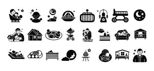 Family and Baby Vector Illustration Set – Heartwarming Scenes of Home, Parenting & Childhood, baby vector, baby sleeping illustration, children playing vector, family vector, family home icon.