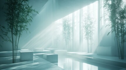 Modern minimalist zen garden interior, sunlight, bamboo
