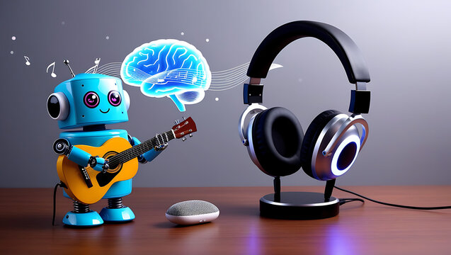 mini robat playing near headphones