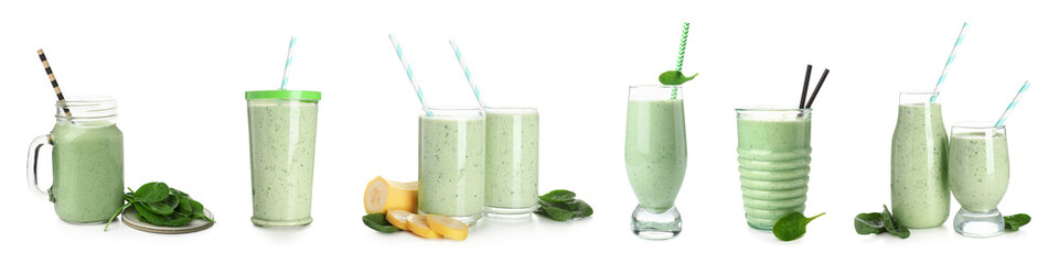 Set of fresh spinach smoothie on white background