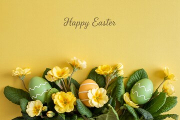 Celebrate Easter with a cheerful card adorned with bright primrose flowers and whimsical green eggs on a vibrant yellow backdrop