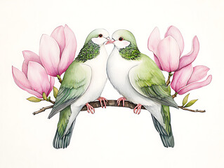 Green doves kissing with magnolia branch.