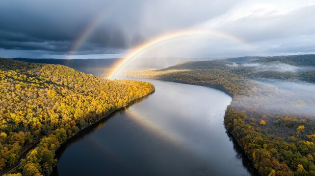 Double Rainbow Over Autumn River Landscape and Forest Autumn Fall River Forest Landscape Nature Sky