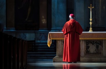 Naklejka premium Moment of divine silence: Cardinal standing alone at altar